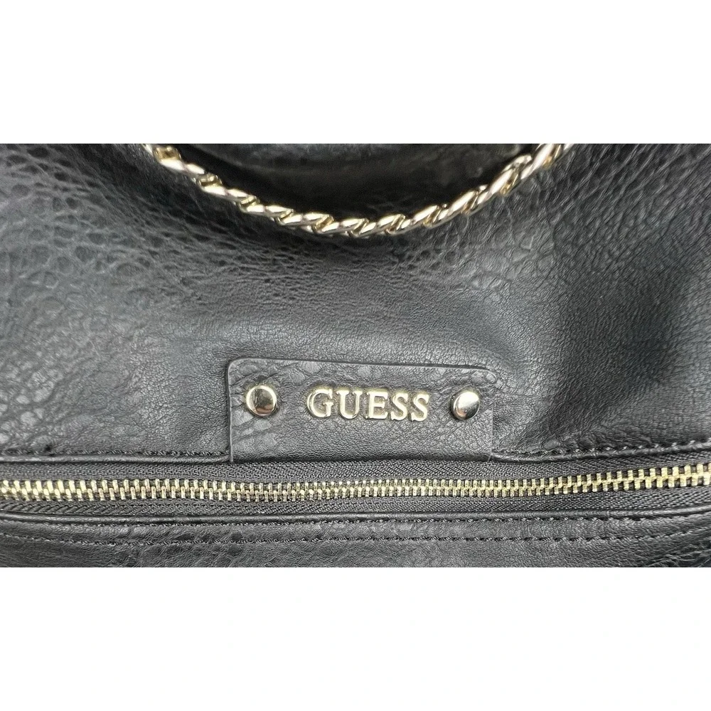 GUESS Black Hobo Shoulder Bag Gold Chain Accent Pebbled Leather Large Zip Purse